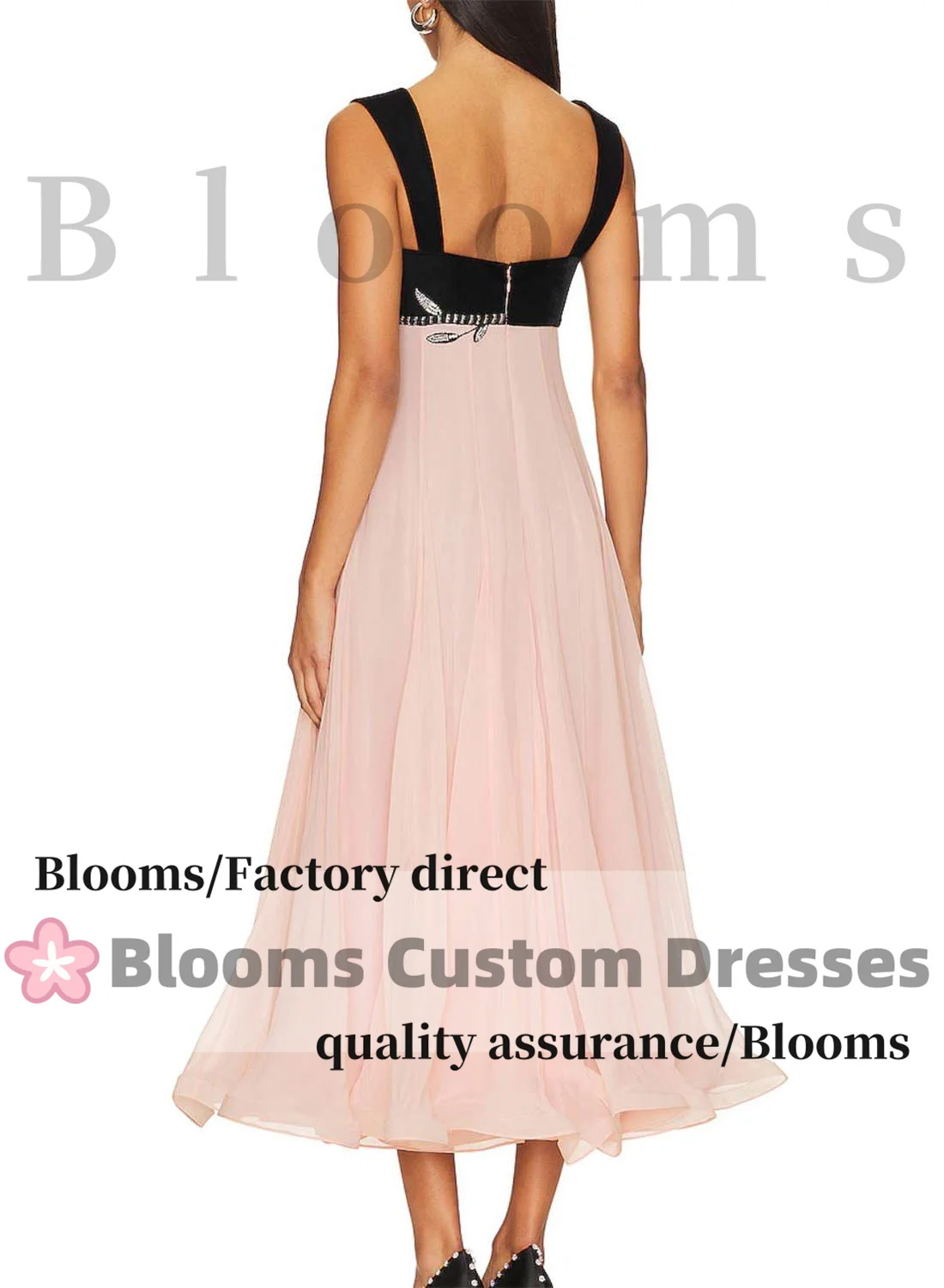 Blooms ที่กําหนดเองกํามะหยี่สีดําสีชมพูชีฟองดอกไม้คริสตัลชุดราตรีแขนกุดหวานพรหมชุดวันเกิดพรรคอย่างเป็นทางการชุด
