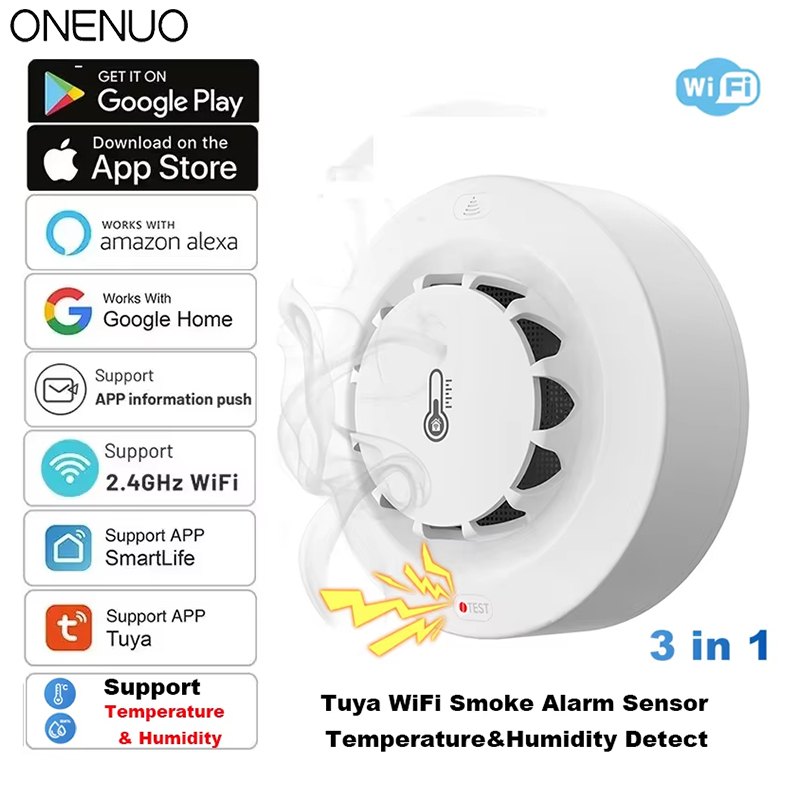 Tuya WiFi Smoke Alarm Temperature and Humidity Sensor Smoke Detector Fire Protection Alarm Smokehouse Combination Firefighters