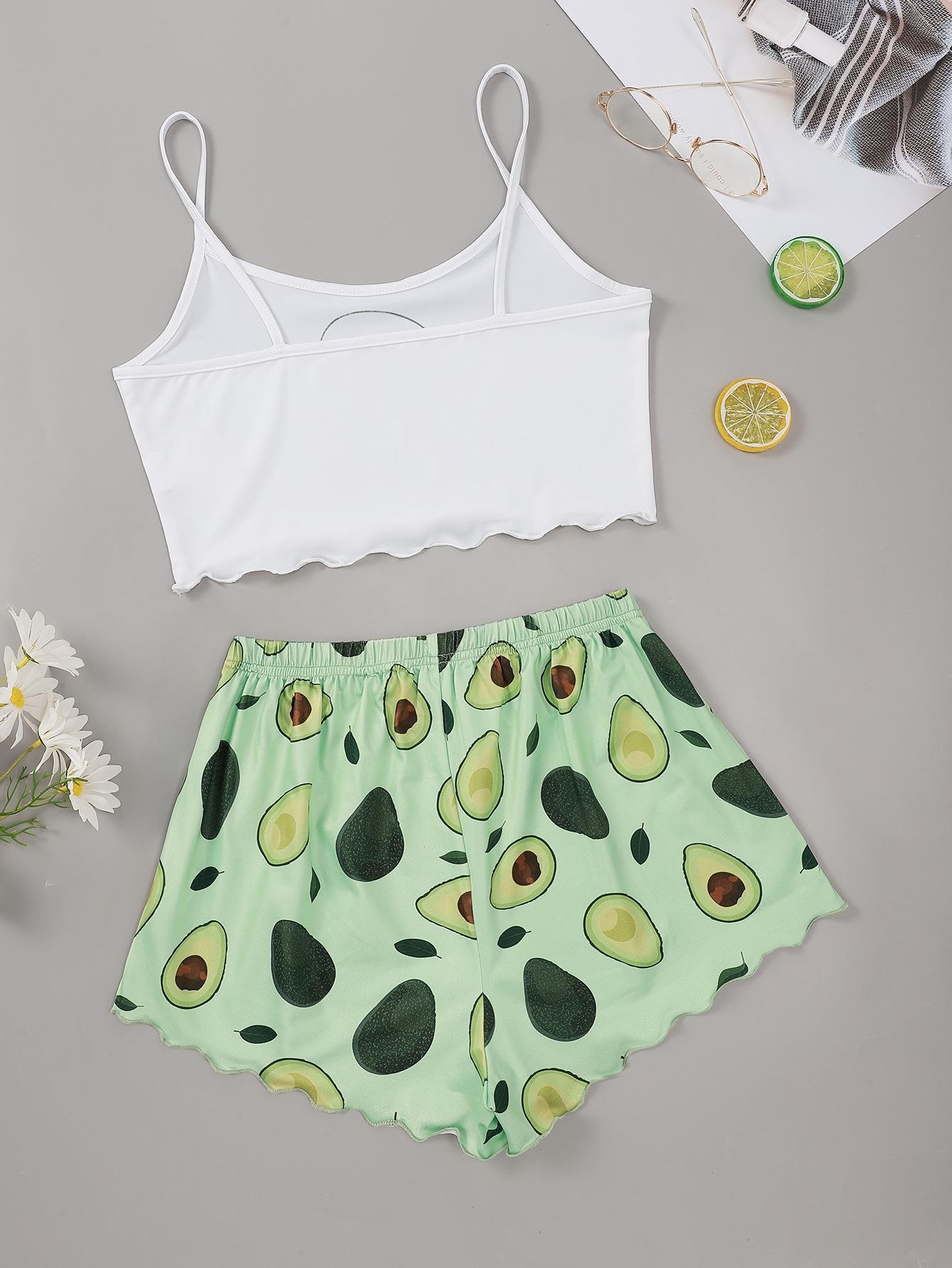 Conjunto de pijamas de verão para mulheres, camisola com estampa de abacate e shorts, lingerie sexy casual, camisola, roupa de dormir