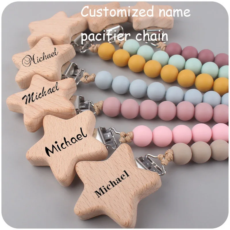 Cadena de chupete de bebé personalizada de madera con nombre personalizado, cuentas de silicona, soporte para pezones, colgante mordedor protector, cosas de regalo para recién nacidos