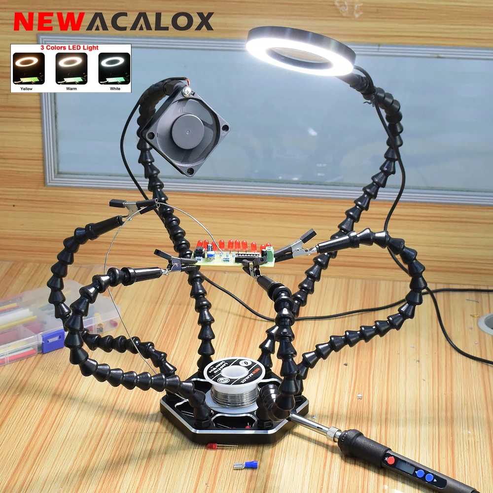 NEWACALOX Helping Hand Soldering Tercera mano con 6 brazos flexibles Lupa LED 3X para soldar, ensamblar y reparar