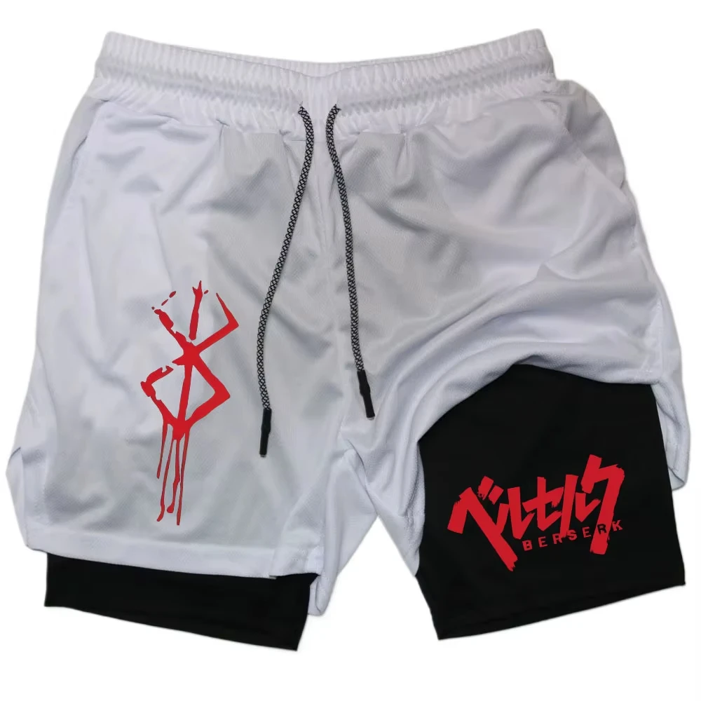 Anime Berserk Performance Shorts Herren 2-in-1 Lauf-Kompressionsshorts Training Yoga Gym Sportbekleidung Workout-Shorts mit Taschen