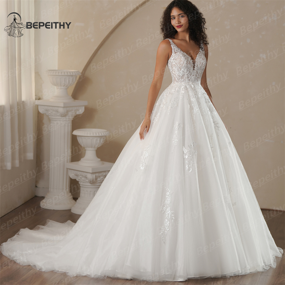 BEPEITHY – Robe De mariée trapèze personnalisée, col en V, sans manches, en dentelle, Vintage, style Boho, 2025
