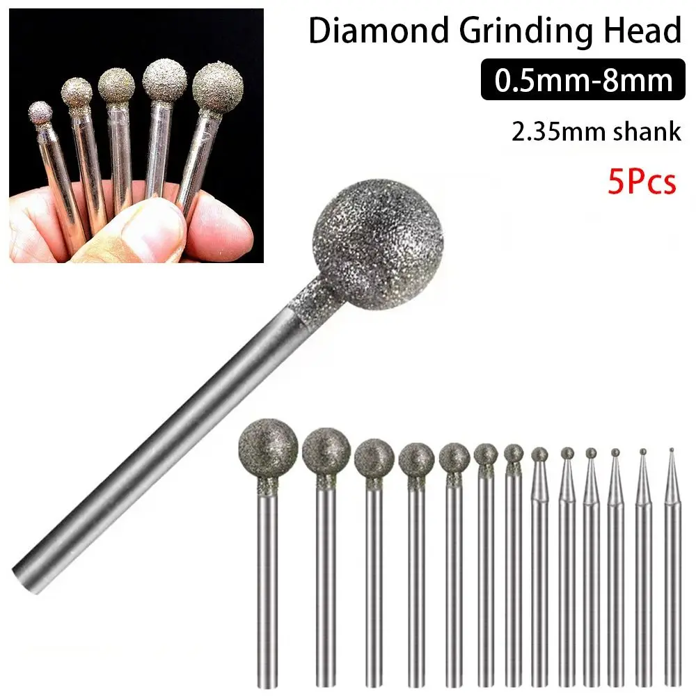 0.5mm-8mm Diamond Round Burring Sanding Drill Bit Grinding Head 2.35mm Shank Carve Precision Carving Tool Electric Grinder Parts