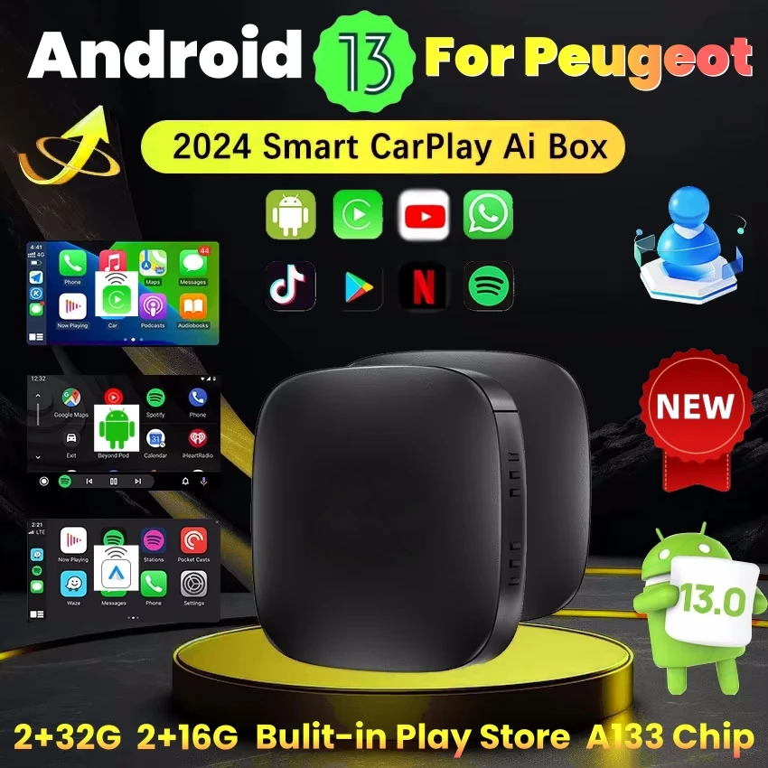 Android 13 carro ai caixa adaptador carplay sem fio android auto para netflix youtube para peugeot 208 308 408 508 2008 3008 4008 5008