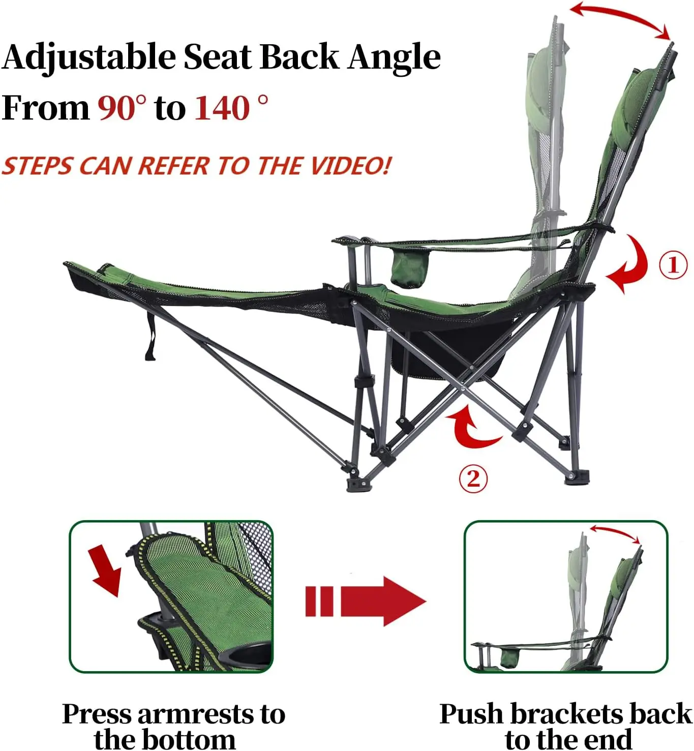 Camping Lounge Chair, Portable Reclining Camping Chair, Folding Camping Chair with Footrest,Headrest & Storage Bag