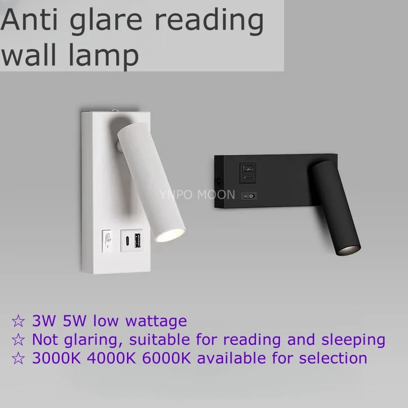 USB Charging Type-C Rotating Surface Mounted Reading Wall Light Lamp LED 5W Spot Downlight Ceiling Bedroom Hotel Study AC85-230V