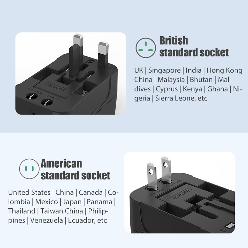 Plugue de viagem de conversão universal global, soquetes usb, ue, eua, adaptador de energia ac, conversor com proteção infantil, trava de segurança