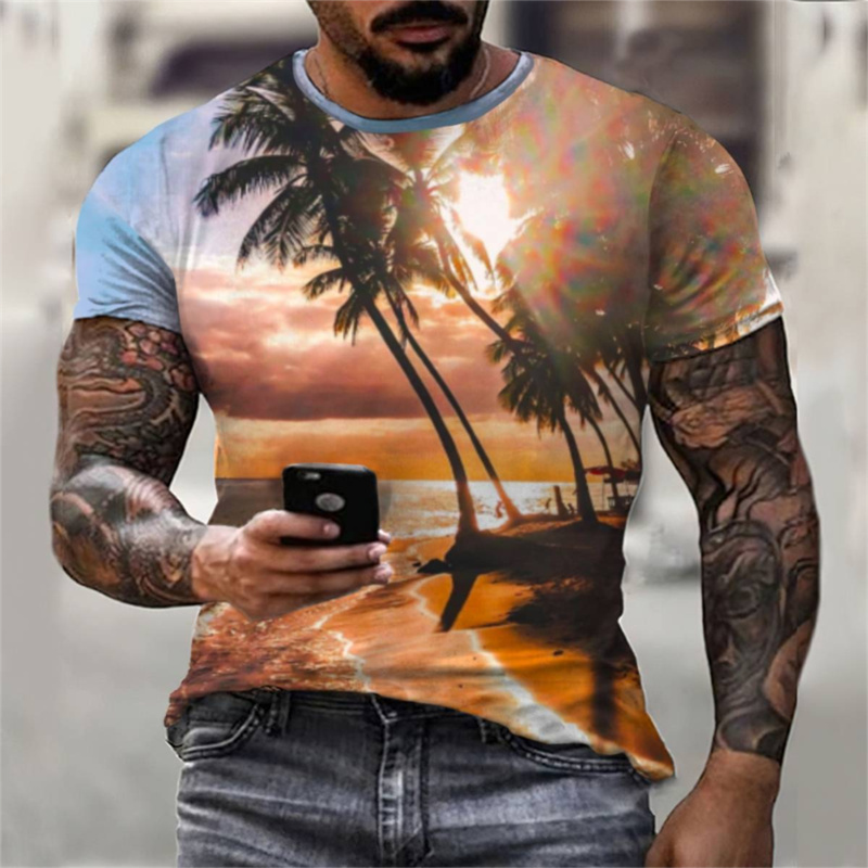 Kaus pohon kelapa kaus Hawaii pria kaus cetak Digital 3D kerah pantai tropis bunga kasual longgar Atasan Pria clothi