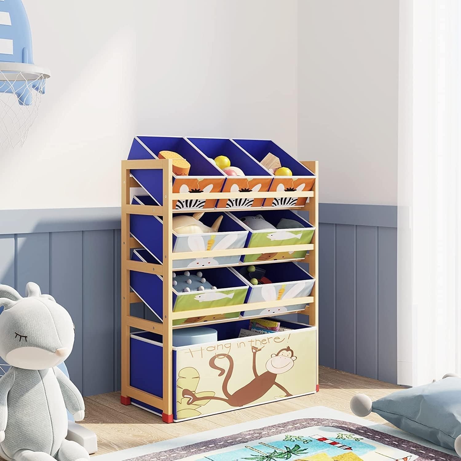 4 Tier Children's Toy Organiser Shelf with 8 Removable Fabric Bins Boxes, Wooden Toy Organiser Rack for Nursery Playroom