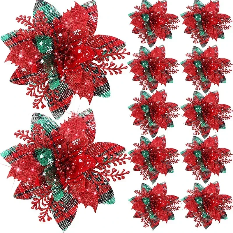 5 uds 14,5 cm brillo flores artificiales de Navidad Mreey decoración de árbol de Navidad adornos de Feliz Año Nuevo flores falsas de Navidad natal