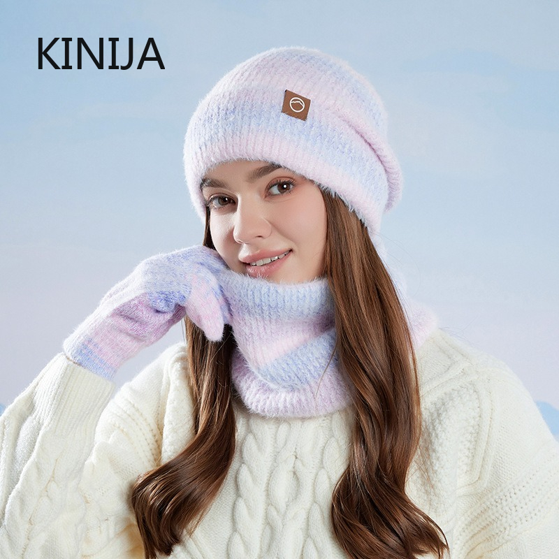 Winter Cap Gloves Scarf Set Women GradientColor Knitted Hat Thickened Fleece Lining Skullcap Outdoor Cycling Windproof Beanies