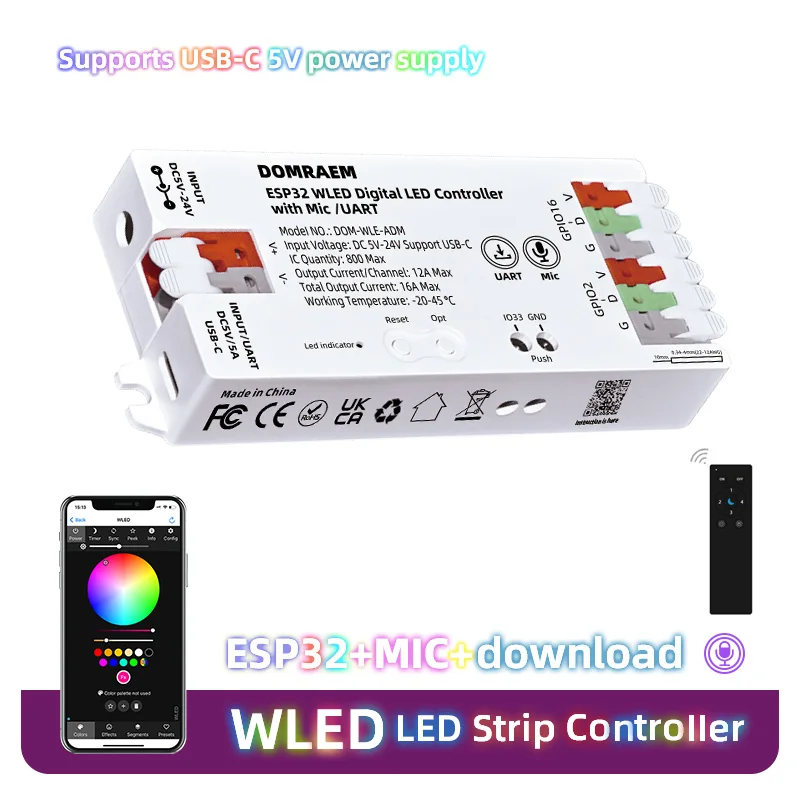 ESP32 WLED LED Controller Built in Microphone DIY Dynamic Mode UART Type-C Download App Control Alexa Voice RF 2.4G WLED Remote