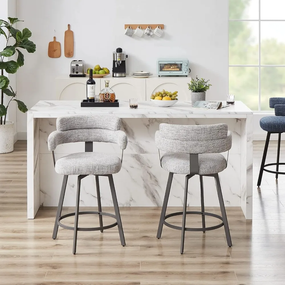 Counter Height Bar Stools Full Back – Swivel Counter Stools Set of 2 Linen Padded Back, Metal Footrest, Barstools, Grey 24 inch