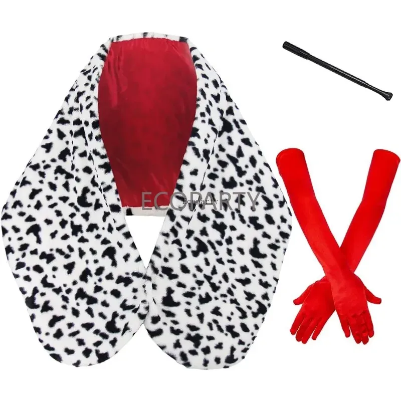 3 uds. Abrigo de Deville de Halloween para mujer, disfraz, chal dálmata, bufanda, accesorios de Cosplay, disfraz de halloween, conjunto de disfraz de los años 20 y 1950