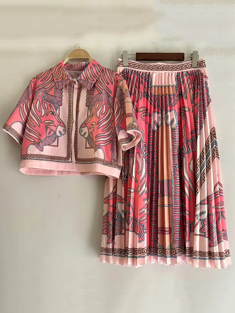 2025 zomer dames retro geometrische print revers recht kort shirt tweedelige set + hoge taille losse plooirok mode pak