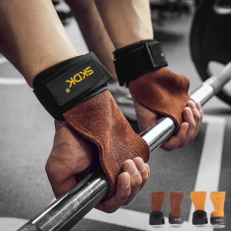 Empuñaduras de gimnasio para hombres y mujeres, protectores de palma de piel de vaca, guantes de entrenamiento para levantamiento de pesas, empuñaduras con muñequeras, equipo de entrenamiento