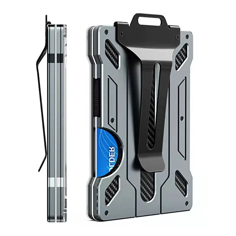 Portafoglio minimalista per uomo-fermasoldi in metallo sottile in alluminio con porta carte d'identità trasparente, blocco RFID, fibra di carbonio ultrasottile