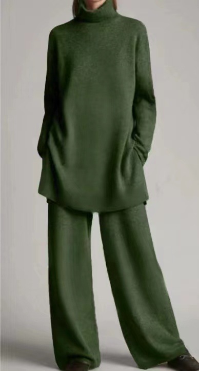 ソリッドカラーの長ズボンセット女性薄い春ルーズタートルネックプルオーバーワイド脚ズボンツーピースセット女性カジュアルスーツ Y2k