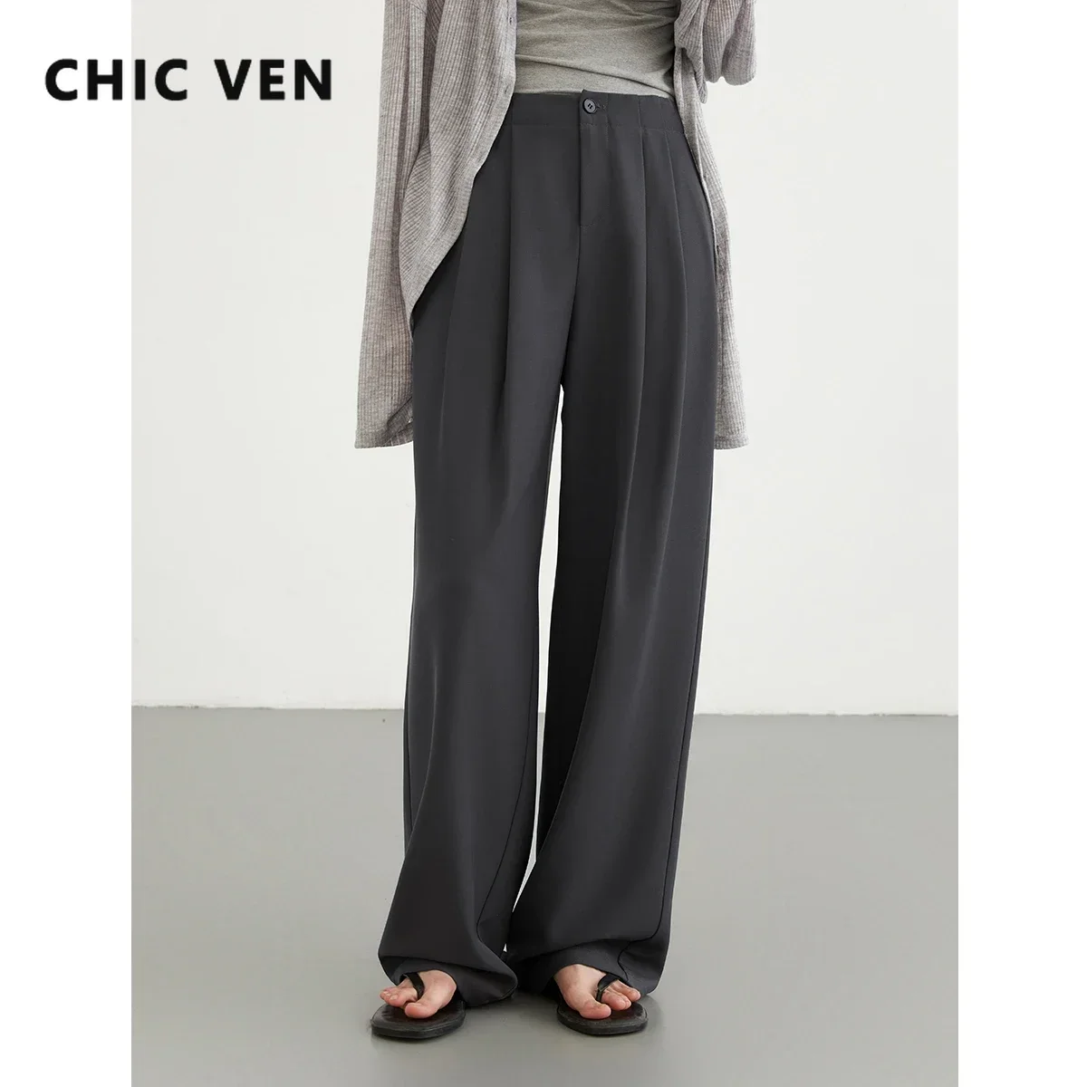 Chique ven calças femininas novo casual cintura alta feminino plissado calças caídas perna larga calça longa senhora do escritório primavera verão 2025