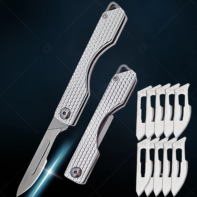 Stainless Steel Folding Pocket Knife Quick Open Scalpel Knife Replaceable 10 Blades Mini Keychain Utility Knives Kitchen Knife