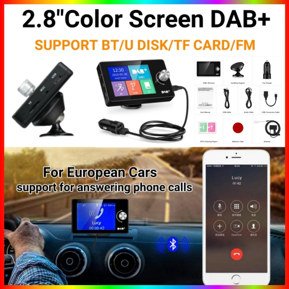 DAB + รถวิทยุดิจิตอล FM Receiver BT SD TF MP3 Player 2.8 นิ้วหน้าจอ DAB สําหรับรถยุโรปเสียงสัญญาณ Broadcasting โทรศัพท์