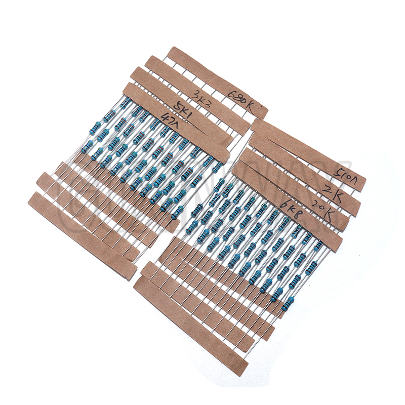 300 Uds 10R-1M Ohm 1/4W 1/2W 1W juego de resistencias 1% Kit surtido de resistencias de película metálica 30 tipos * 10 Uds = 300 Uds