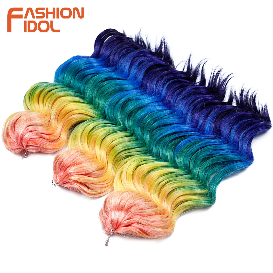 Moda ídolo 16 Polegada 3 pçs profundo ondulado torção crochê cabelo sintético onda de água cabelo crochê tranças ombre arco-íris extensões de cabelo