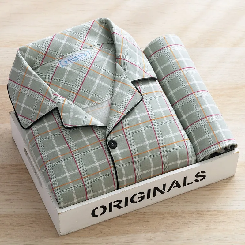 Herren-Pyjama in Übergröße, Herbst und Winter, kariert, einfache Nachtwäsche, Homewear, Strickjacke, Button-Down-Oberteile und Hosen, Nachtwäsche, Loungewear
