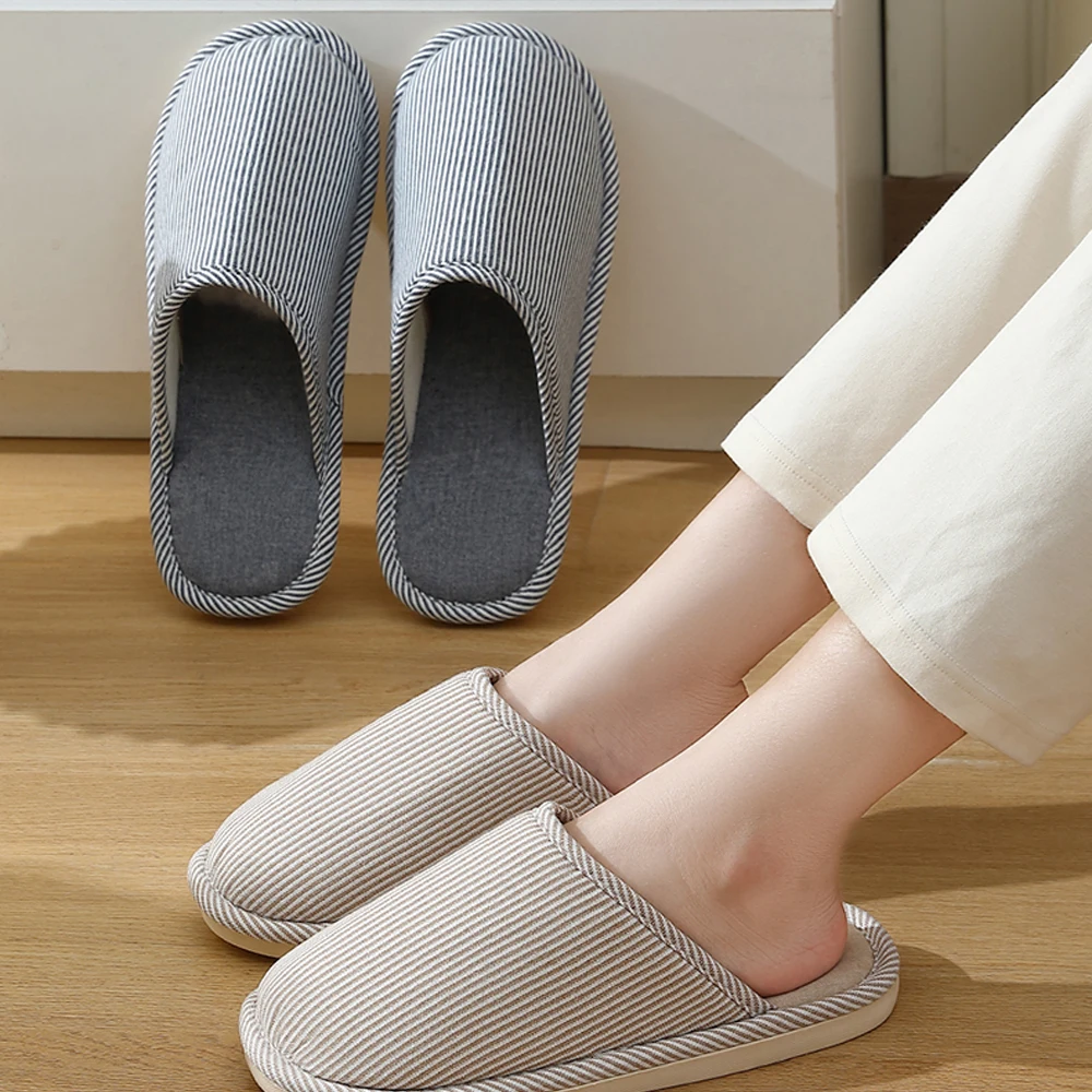 Warme pluche katoenen pantoffels voor thuis, antislip linnen flats, lente- en herfstpaarhuisslippers