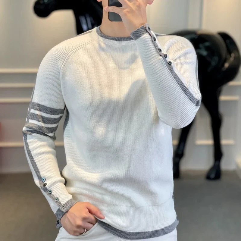 ลาย Contrast สีรอบคอฤดูใบไม้ร่วงฤดูหนาวเสื้อกันหนาวถักโคมไฟแขนยาวเสื้อผ้าผู้ชาย Retro Stylish Tops