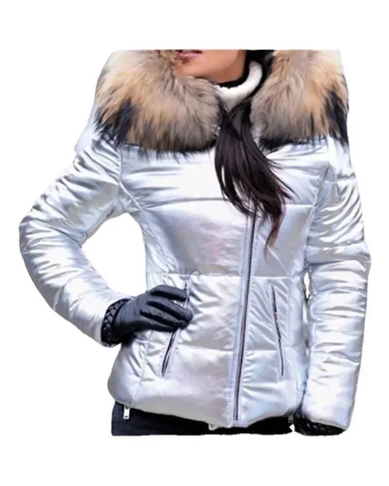 Nueva chaqueta con capucha de piel de Color sólido para otoño e invierno, Parka corta acolchada de algodón para mujer, chaqueta informal de moda