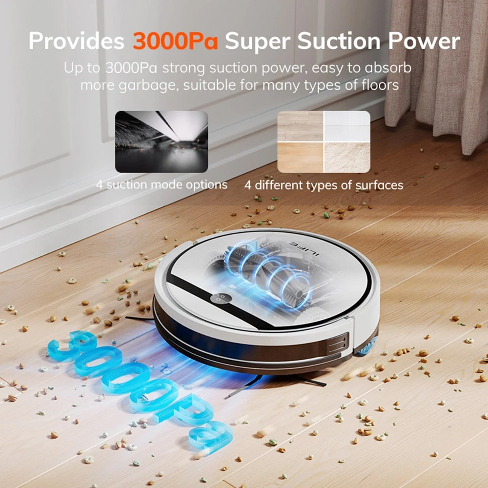 ILIFE V3X Roboterstaubsauger, 2-in-1-Staubsauger und Wischen, 3000 Pa Saugkraft, 300-ml-Mülleimer, 2900-mAh-Akku, App-/Sprachsteuerung