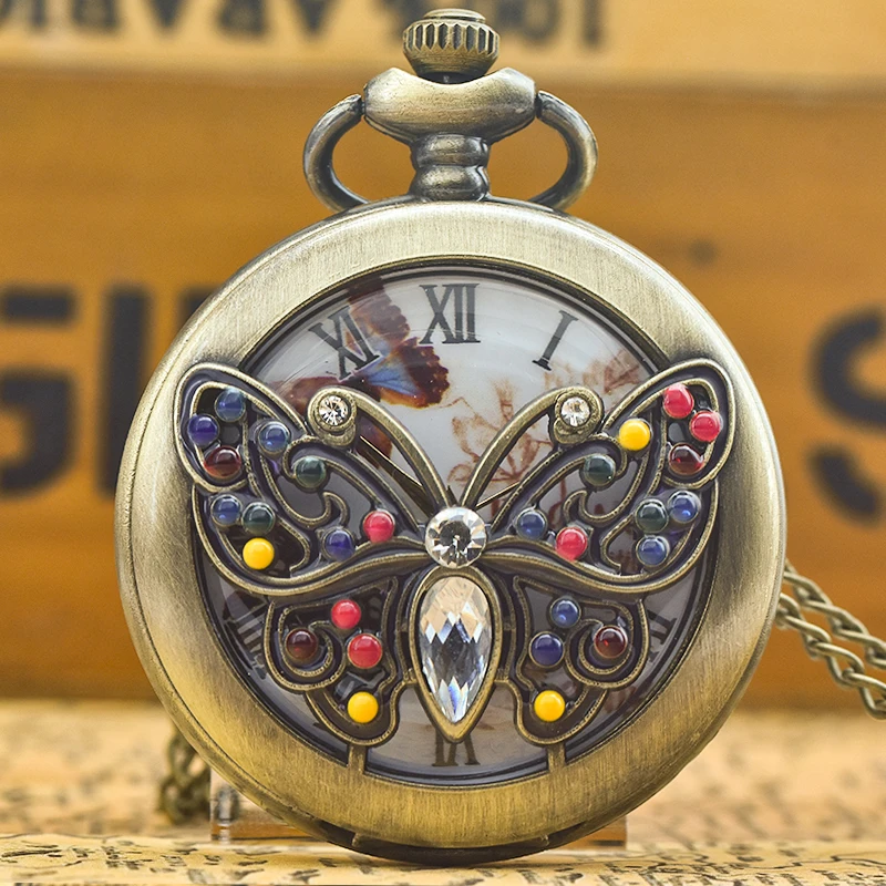Retro Bronze Steampunk Schmetterling ausgehöhlte gravierte Quarz Taschenuhr Halskette Anhänger Uhr Kette Männer und Frauen Kette Geschenk