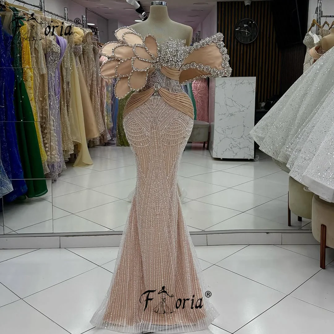 Elegantes Champagner-Meerjungfrau-Abschlussballkleid mit Perlen, Kristall, 3D-Blättern, formelles Abendkleid, individuelle Roben, Longues Soir Quiz Morgante 2025