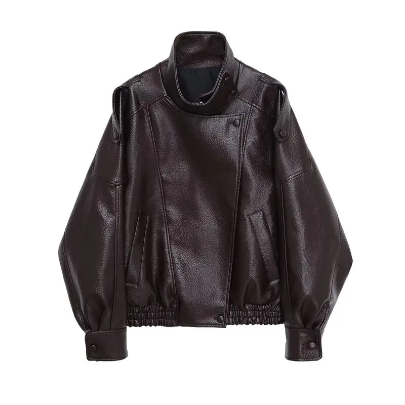Jaqueta de Couro Fena com Design Solto, Casaco Curto, Moda Quente para Mulheres, Novo Estilo de Outono, Fechamento com Zí...