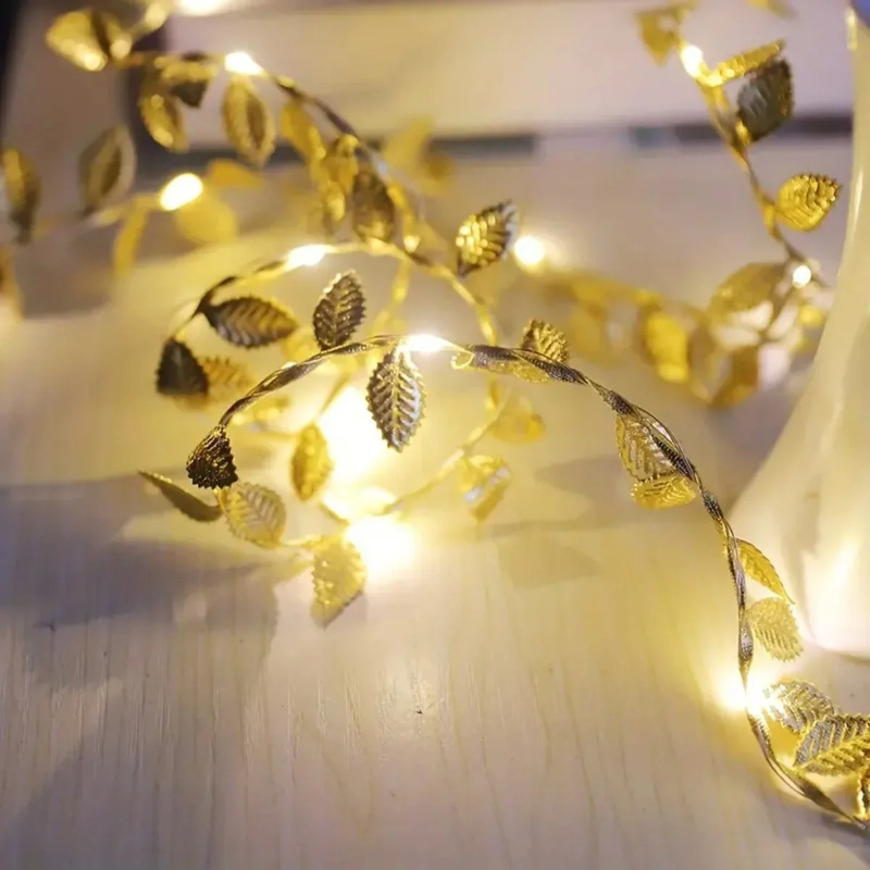1PC 2M 20LED Golden Tiny Leaves Fairy Light Battery Powerd Led Copper Wire String Lights for Wedding Home Party DIY Xmas Decor