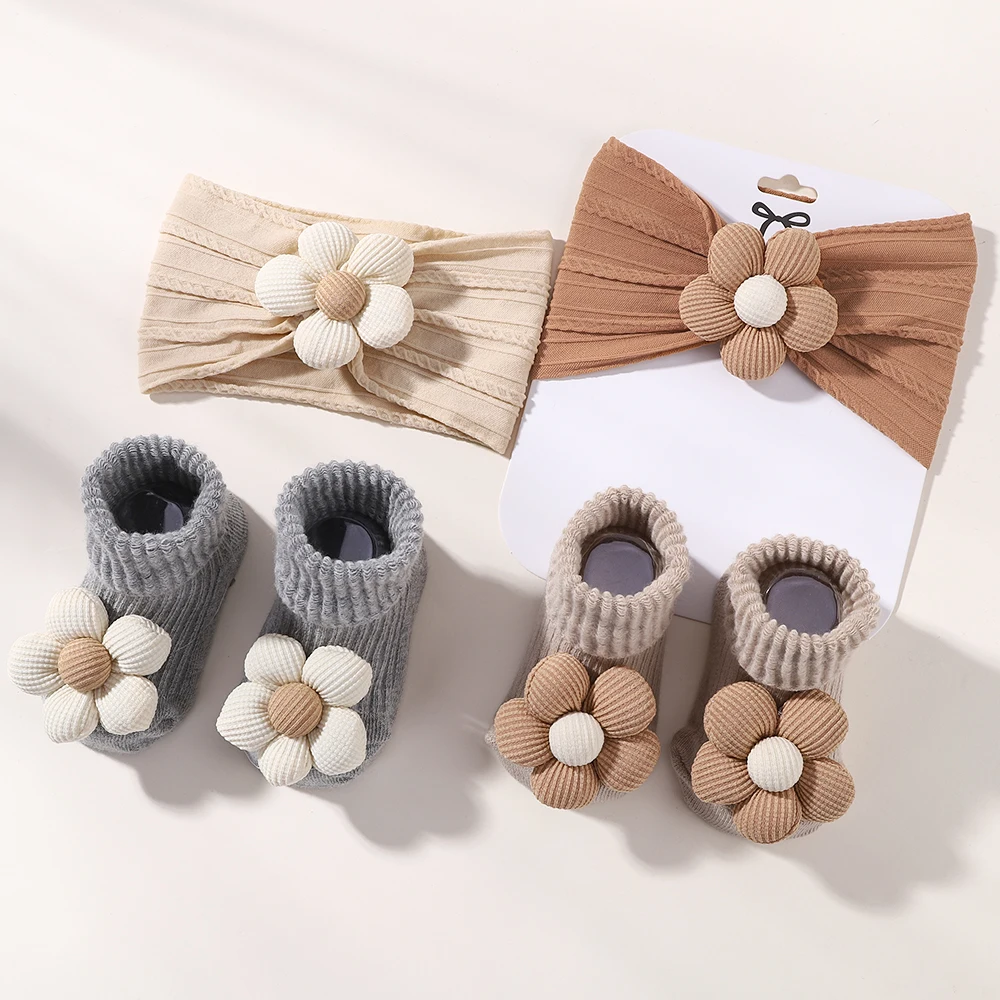 2 pezzi di calzini per fascia per capelli con fiori Set fascia per capelli in nylon morbido per ragazza appena nata turbante floreale elastico calzino corto copricapo per neonati