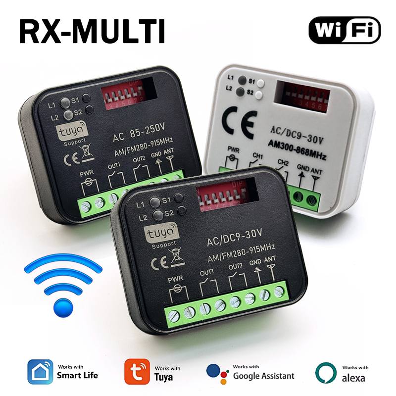 Универсальный модуль Tuya RX MULTI 300-868 МГц Wi-Fi Smart Switch, 2 канала, 433 МГц 868 МГц, Wi-Fi, умное реле для гаражных ворот / приемник дистанционного управления электрическими воротами