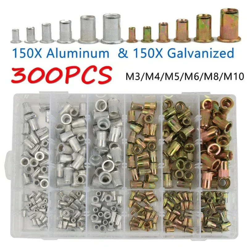 300pcs Zinc Plated Nutserts M3 M4 M5 M6 M8 M10 Rivet Nuts Set Threaded Insert Nutsert Cap Flat Head Rivet Nuts Carbon Steel