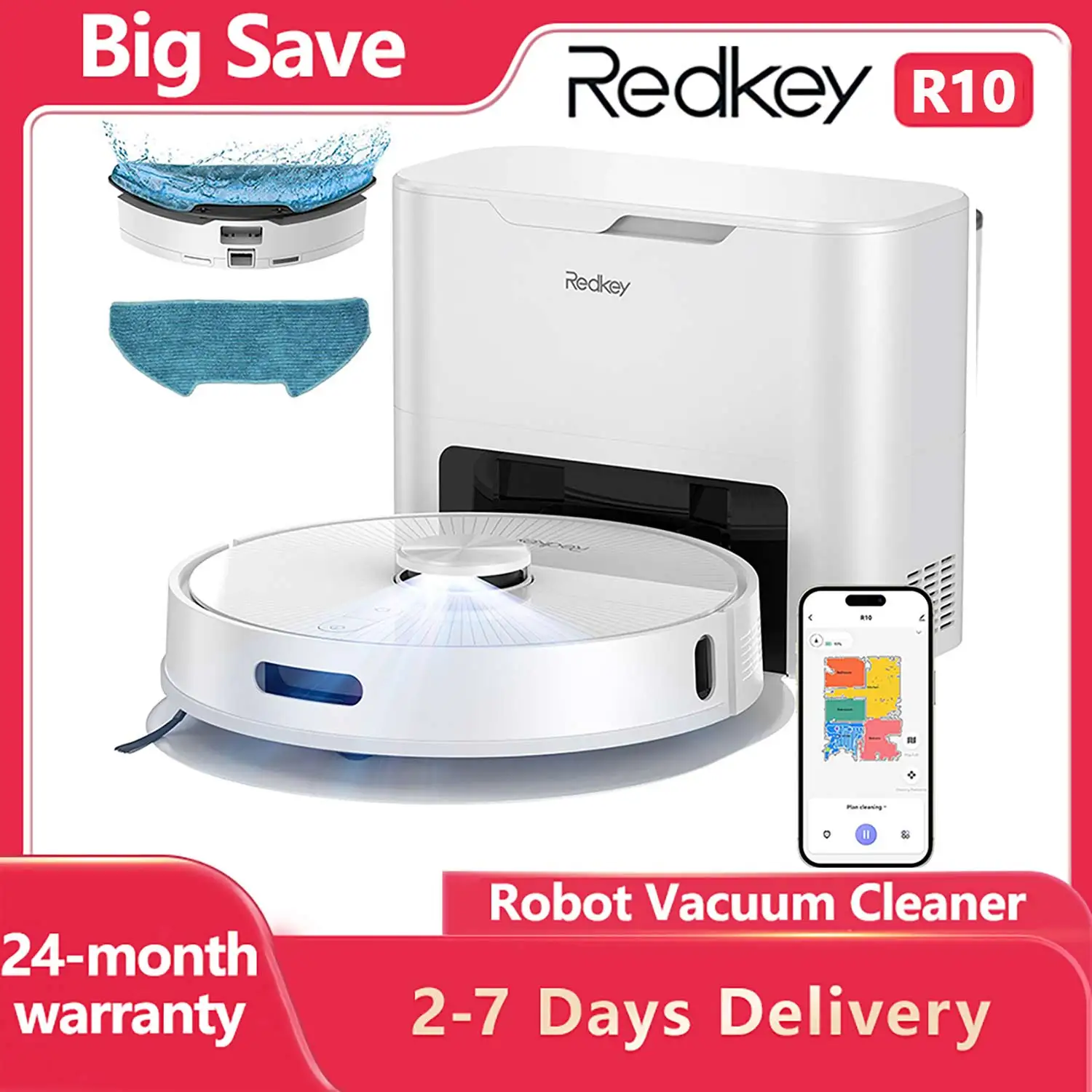 Redkey R10 Robot Aspirapolvere 2 in 1 Auto Aspirapolvere Mop Funzione di pulizia Navigazione LiDAR Forte potenza di aspirazione 4000Pa Sacchetto per la polvere da 4 L