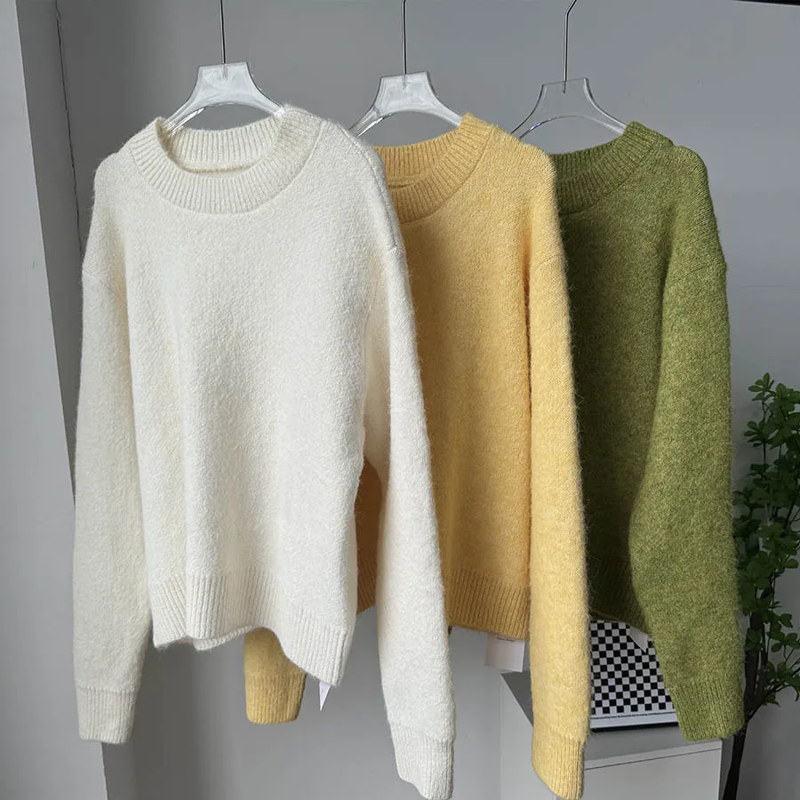 Hirsionsan Basic O-Ausschnitt Basic-Ärmel-Pullover für Damen, 2025, übergroß, kurz, gestrickt, Wollpullover, weiblich, lässig, dick, warm, weich