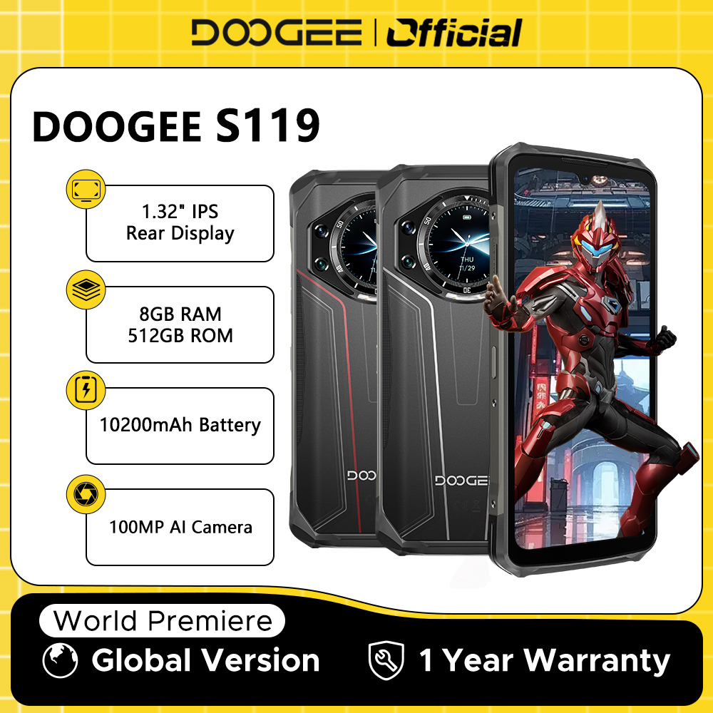 Estreia mundial doogee s119 telefone robusto 6.72 "fhd + tela ips 8gb 512gb 100mp ai câmera principal 10200mah bateria 33w android 14 nfc