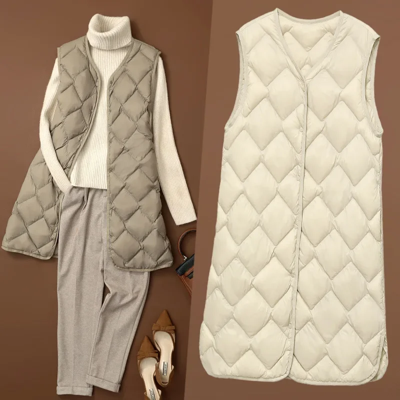 Frauen Ärmellose X-lange Ultra Licht Unten Jacken 2024 Neuheiten Herbst Winter Koreanische Mode V-ausschnitt Liner Weste Unten mäntel 3XL