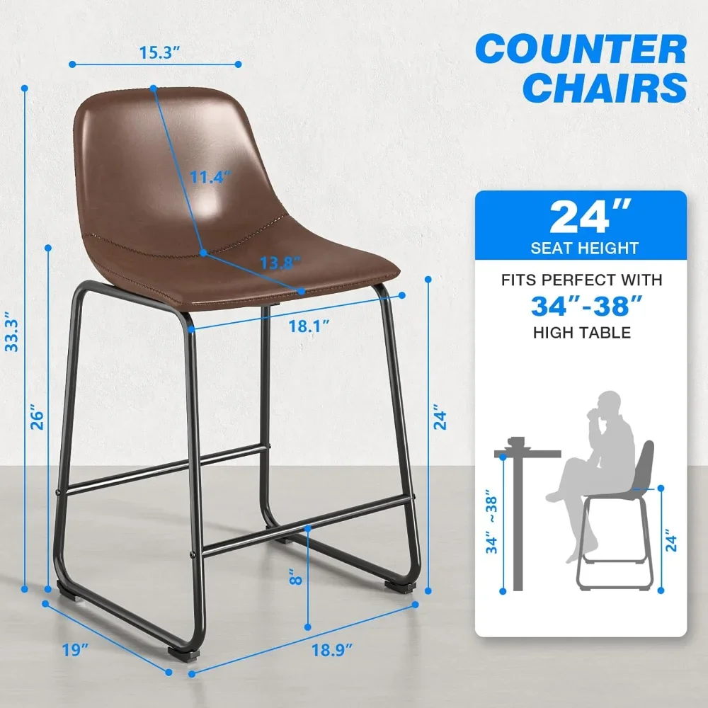 Pu Faux Leather Bar Stools Set of 2, Industrial Pub Barstools with Back and Footrest, Modern Armless Bar Height Stool Chairs