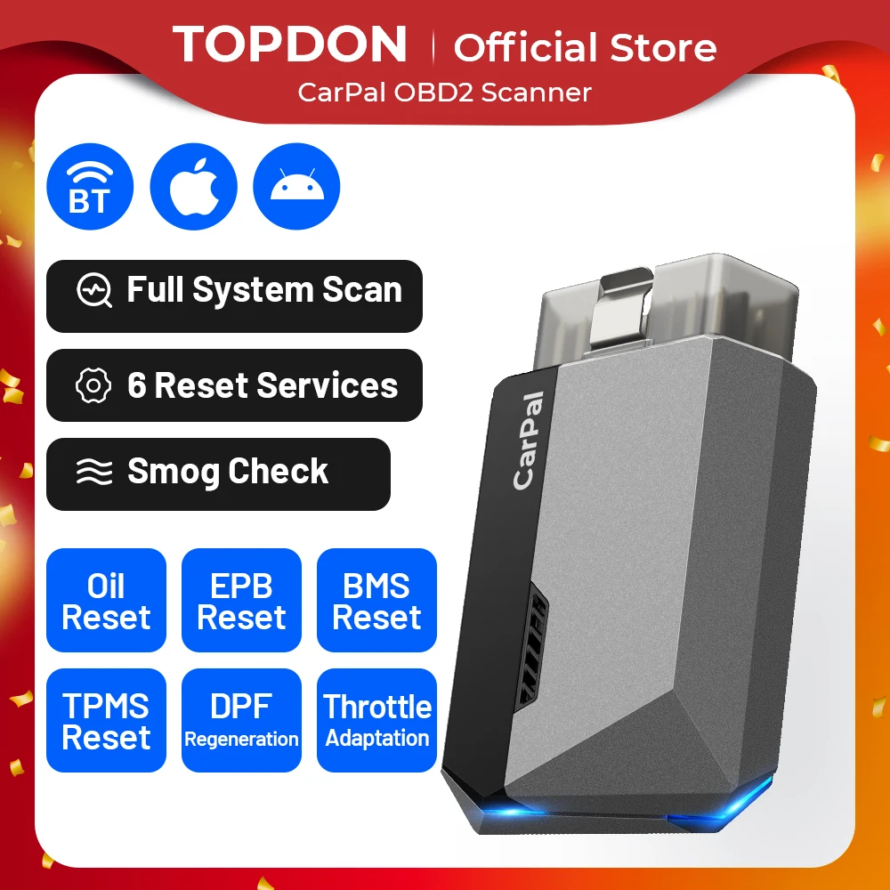 TOPDON CarPal OBD2 lector de código escáner Control de salud del coche Smog comprobar prueba de batería escaneo completo del sistema 6 servicios de reinicio