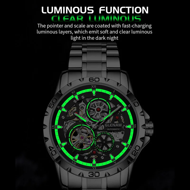 GLENAW Steampunk esqueleto reloj para hombre anillo de lujo relojes mecánicos automáticos luminoso impermeable reloj con correa de acero inoxidable