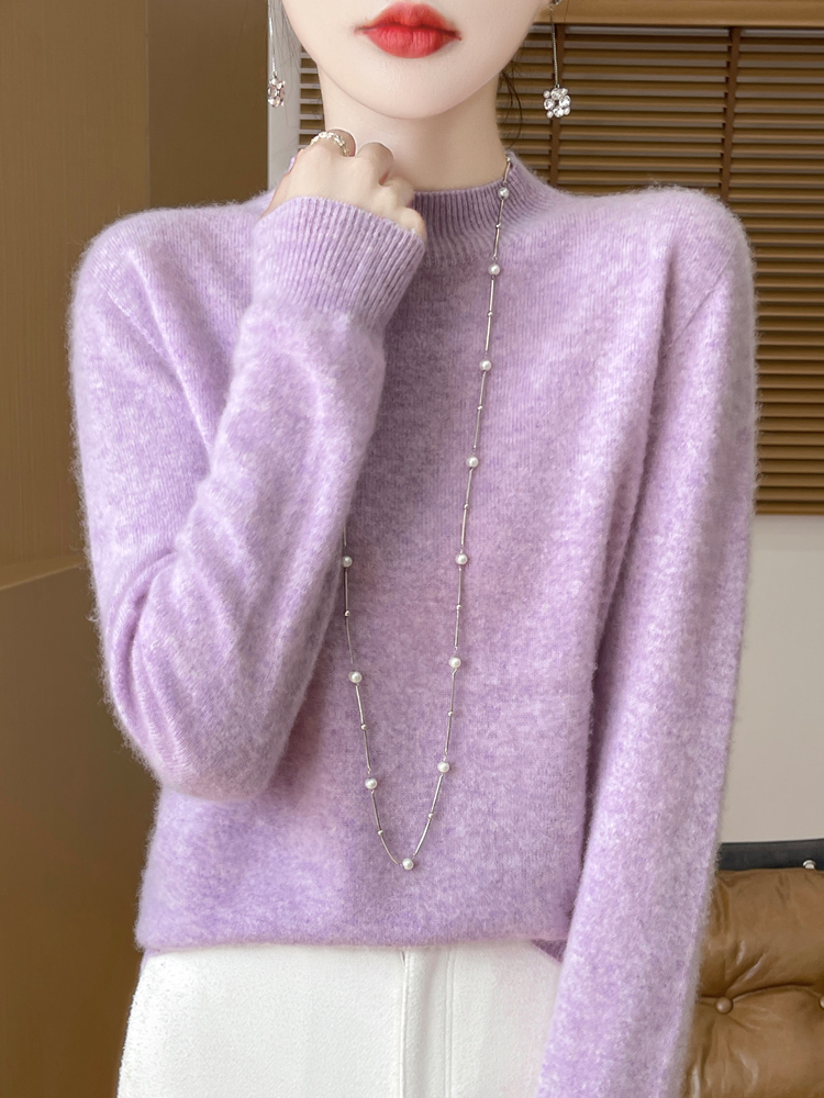 Suéter de lana de 100% a la moda para mujer, prendas de punto con cuello simulado, jerséis de Cachemira, jerséis de manga larga para otoño e invierno, Tops