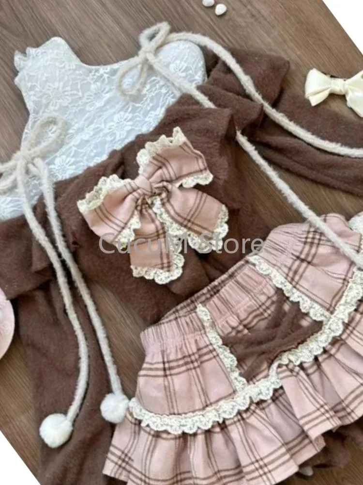 和菓子ロリータ 2 個セット女性レトロオフショルダーボウブラウストップスチェック柄ケーキミニスカート女の子かわいい Y2k スリム衣装