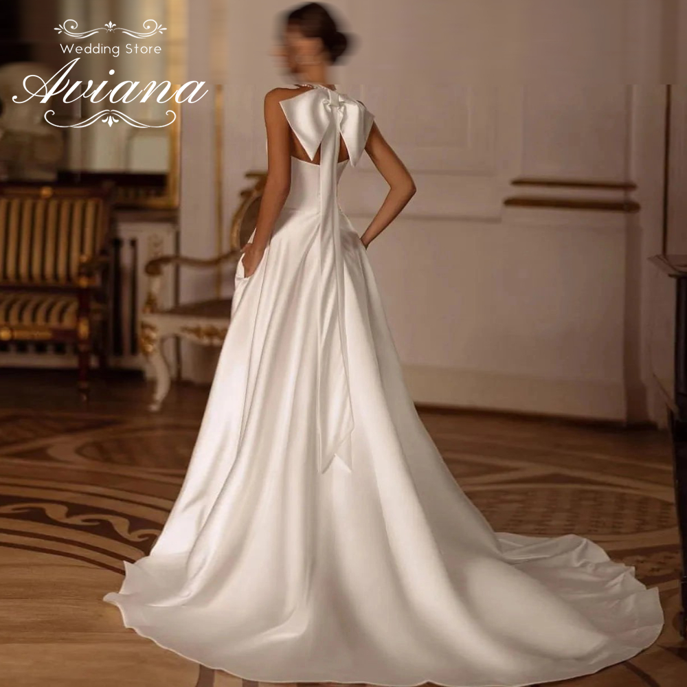 Aviana カスタマイズされた気質エレガントな真珠ノースリーブのウェディングドレス女性ハイスリットバックリボン A ラインシンプルなステインブライダルドレス
